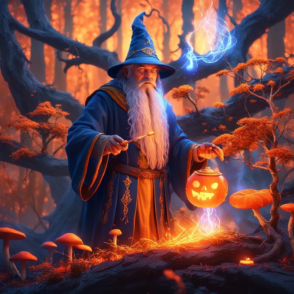 Wizard Casting Spell in Mystical Forest Concept Art