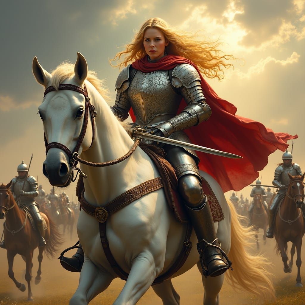 Epic Fantasy Warrior Queen in Silver Armor Charges into Batt...