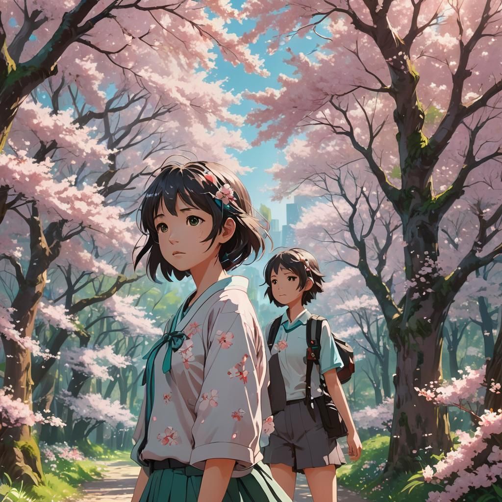 Sakura Miku in Cherry Blossom Forest: Anime Concept Art