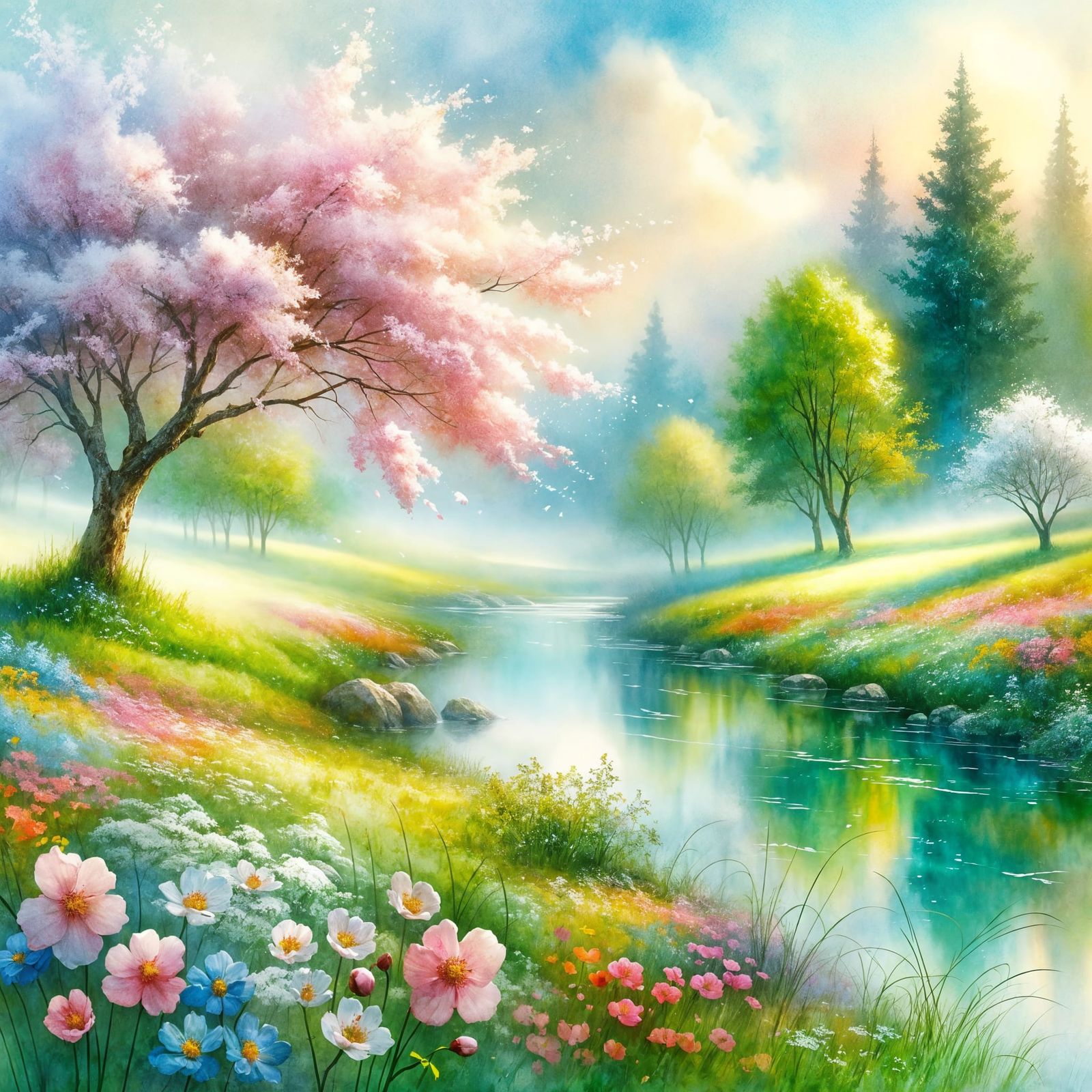 Impressionistic Watercolor Spring Landscape