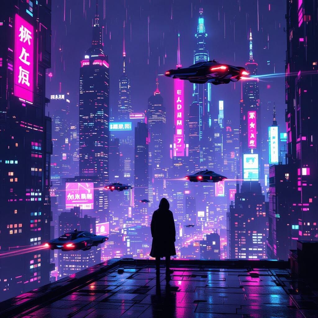 Cyberpunk Cityscape at Night with Neon Lights