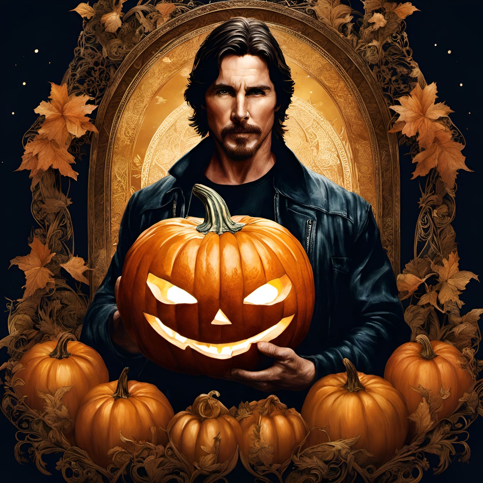 Christian Bale Portrait Holding Pumpkin, Digital Art