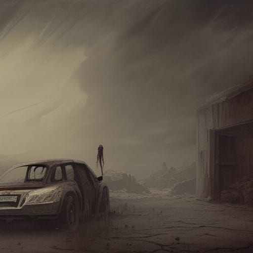 Desert Zombie and Car in Dark Horror Style