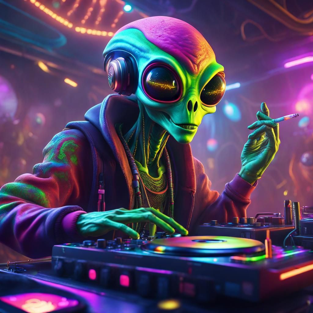 Colorful Alien DJ Smokes at the Club