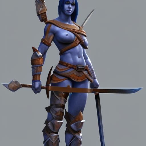 Blue-Skinned Barbarian Warrior with Swords, 3D Render