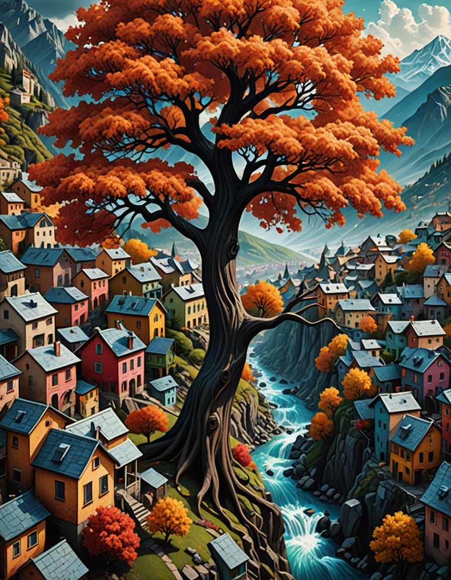 Surreal Bleeding Tree of Ideas Meets Flowing Mountain Town