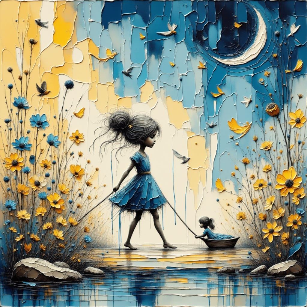 Barefoot Figure Smiling at Lunar Children, Expressive Lines