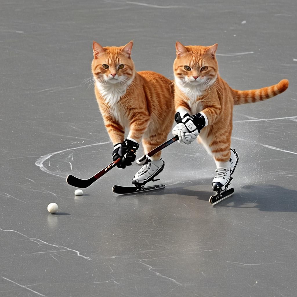 Orange Cat on Skates Plays Hockey