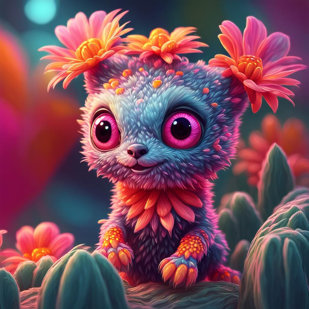 Adorable Cactus Blossom Creature in Hyperrealistic Style