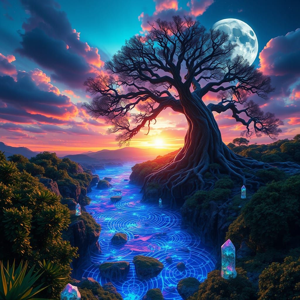 Era of Enlightenment Unfolds Beneath Gnarled Cyberpunk Tree