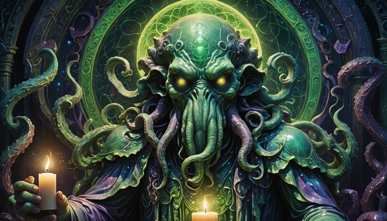 Holographic Cthulhu Statue in Cosmic Astral Art