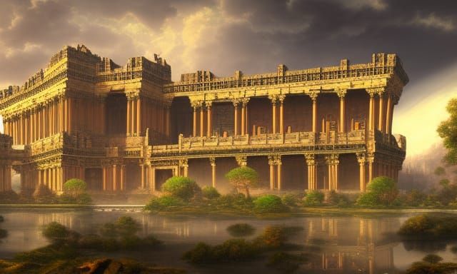 Futuristic Uxmal Palace Garden in Detailed Matte Painting