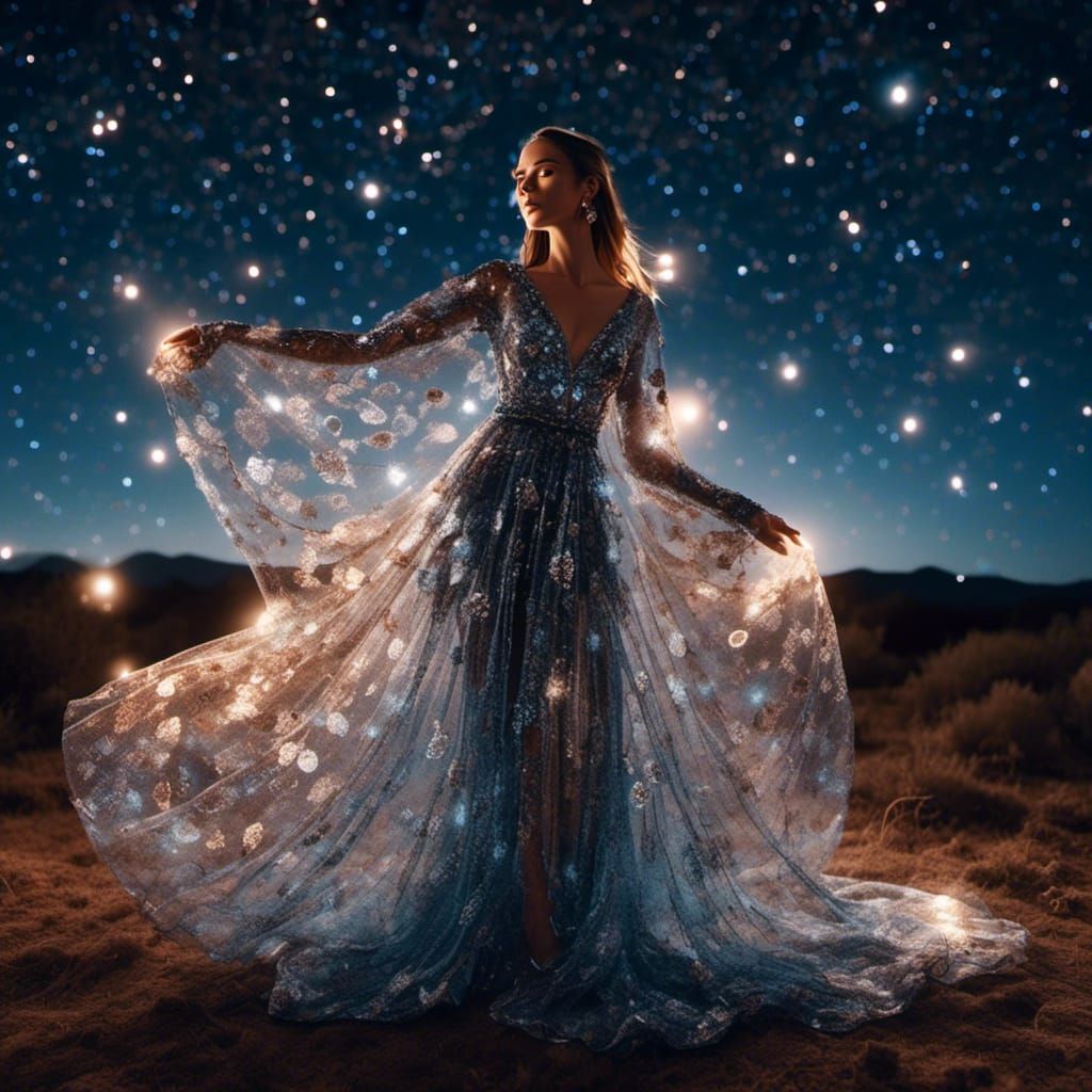 Woman in Glass Dress Under Starry Sky