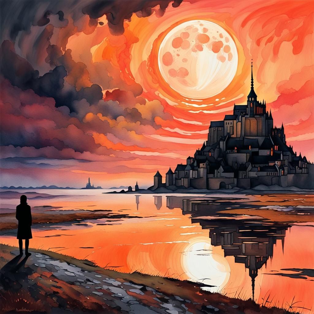 Mont-Saint-Michel Sunset in Watercolour Fantasy Style