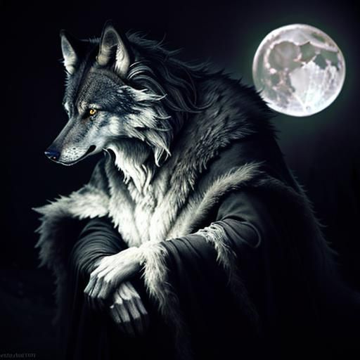 Dark fantasy artwork of a grey wolf's face illuminated by th...