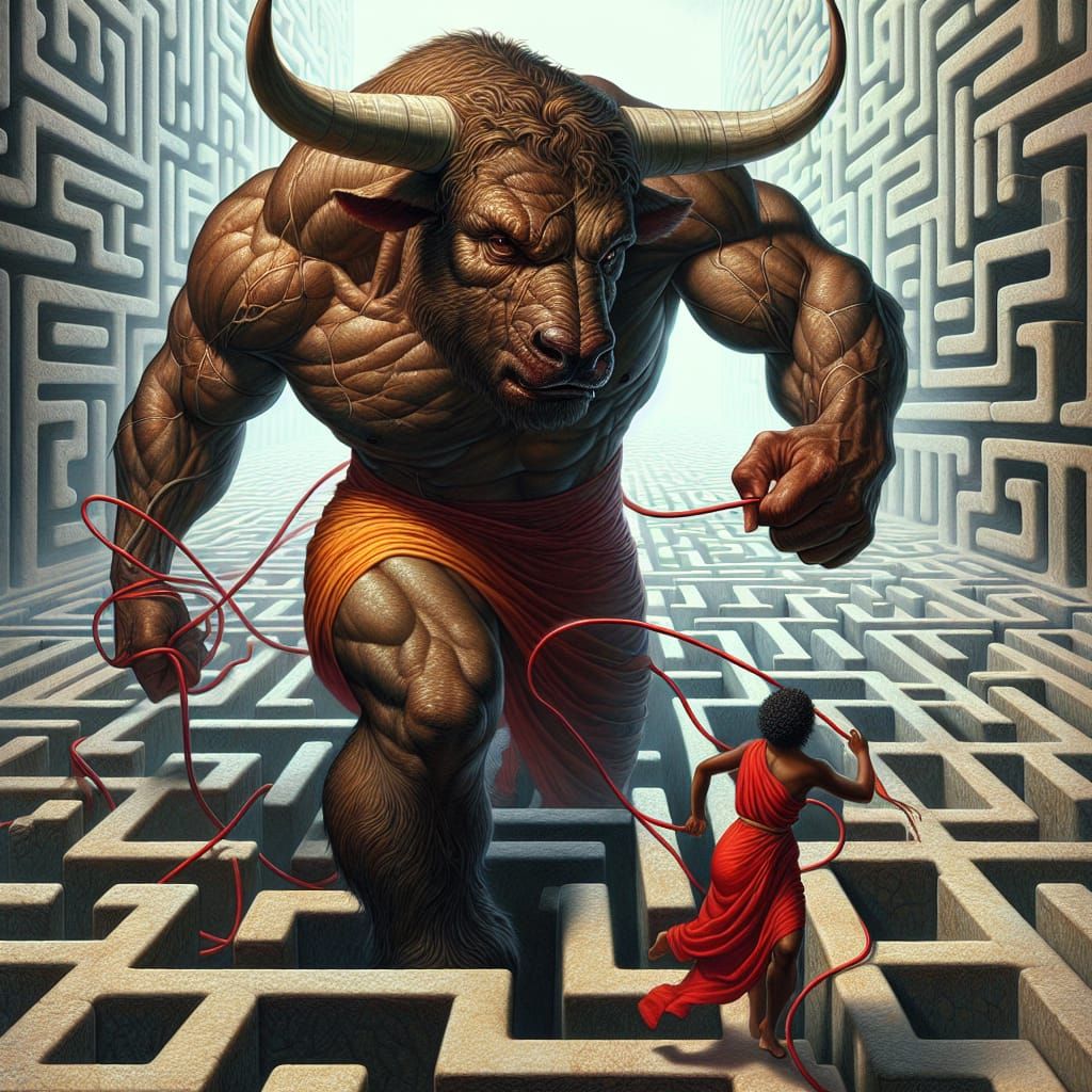 Minotaur and the Red Thread in Labyrinth
