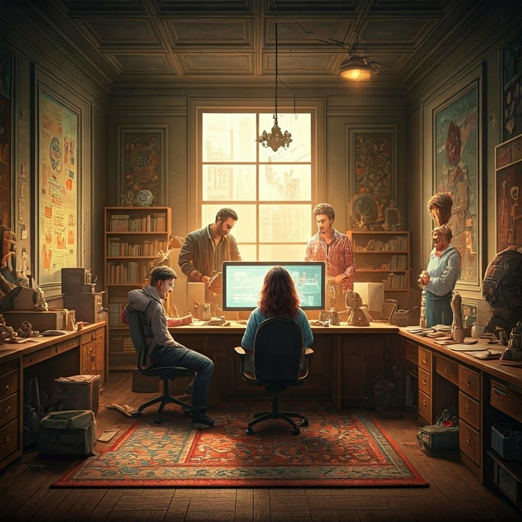 Eccentric Brainstorming Session in a Surreal Office