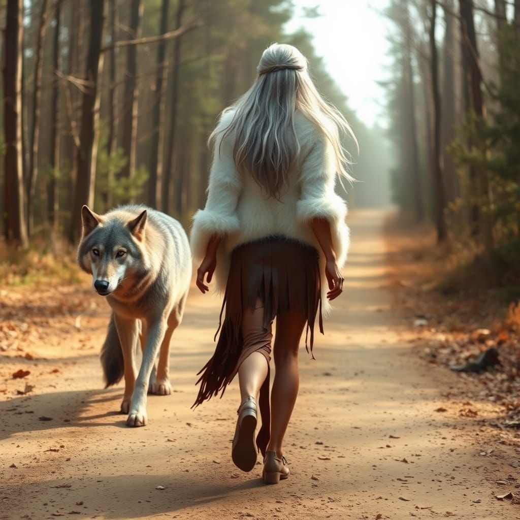Wood Elf and Wolf on Forest Road