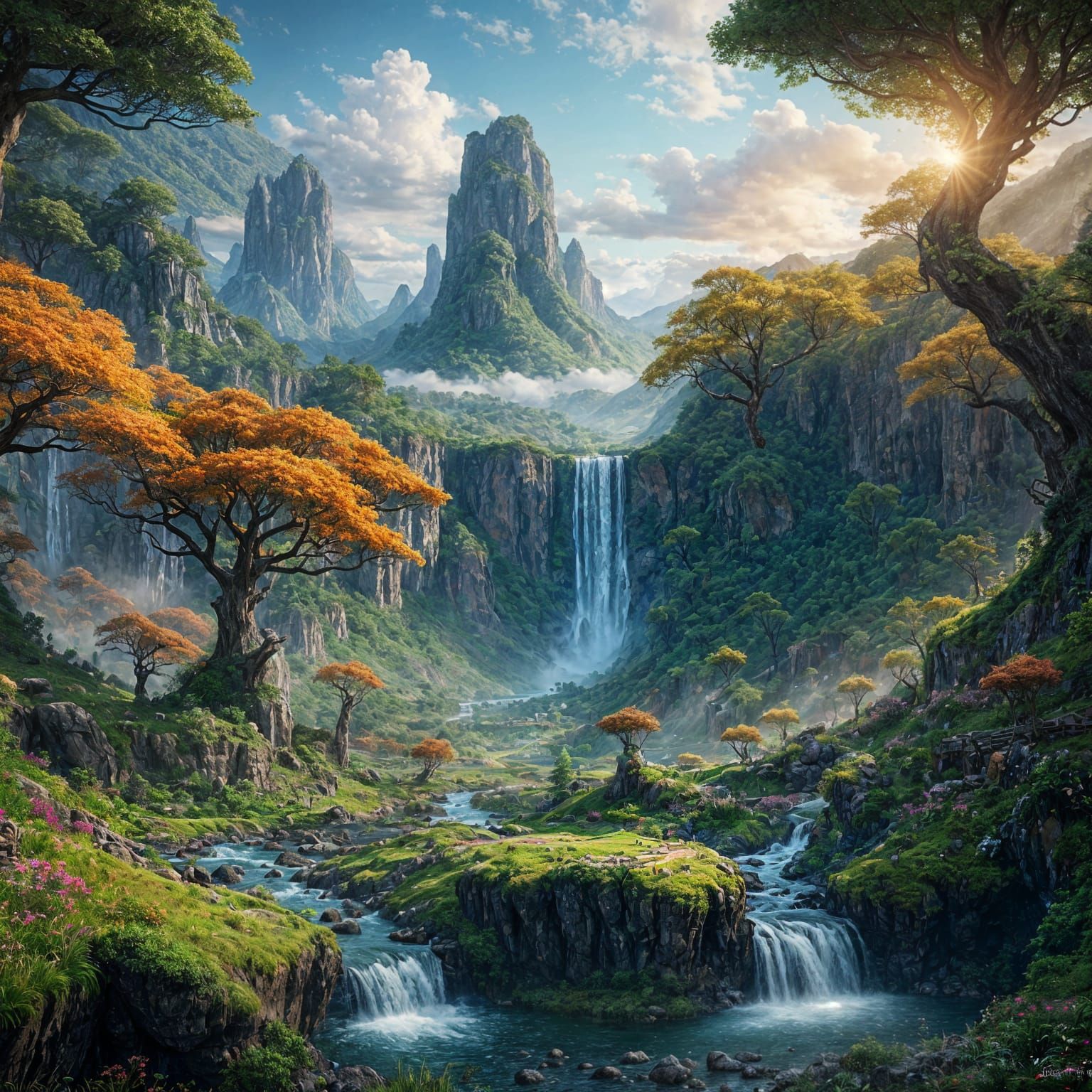 Lush Mountain Valley Landscape with Waterfall