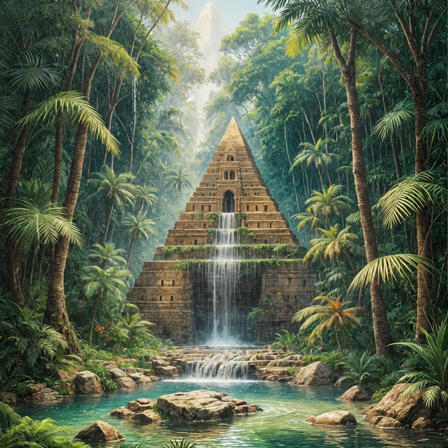Jungle Pyramid Waterfall in Acrylic Style