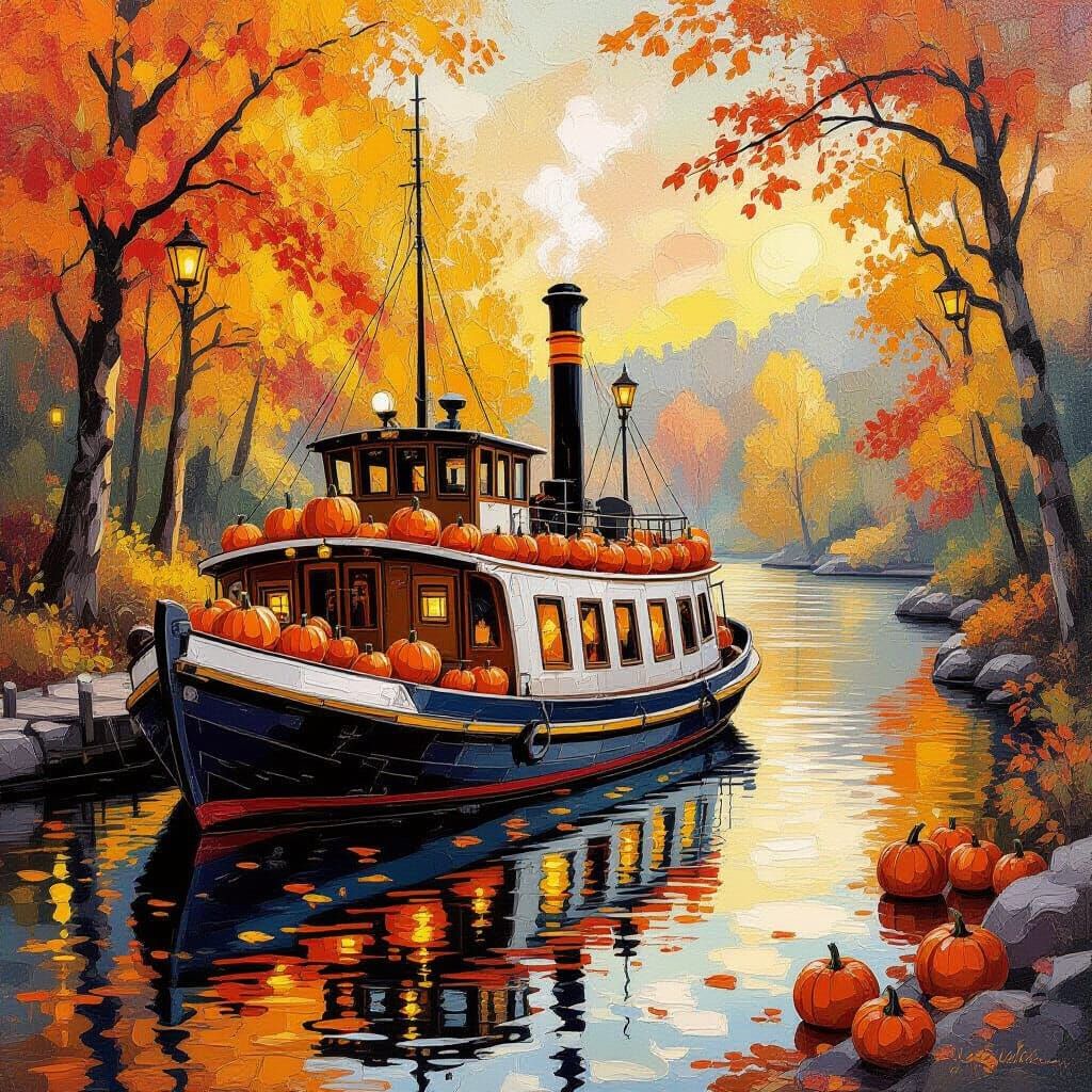 Autumn Riverboat Hideout Gouache Painting