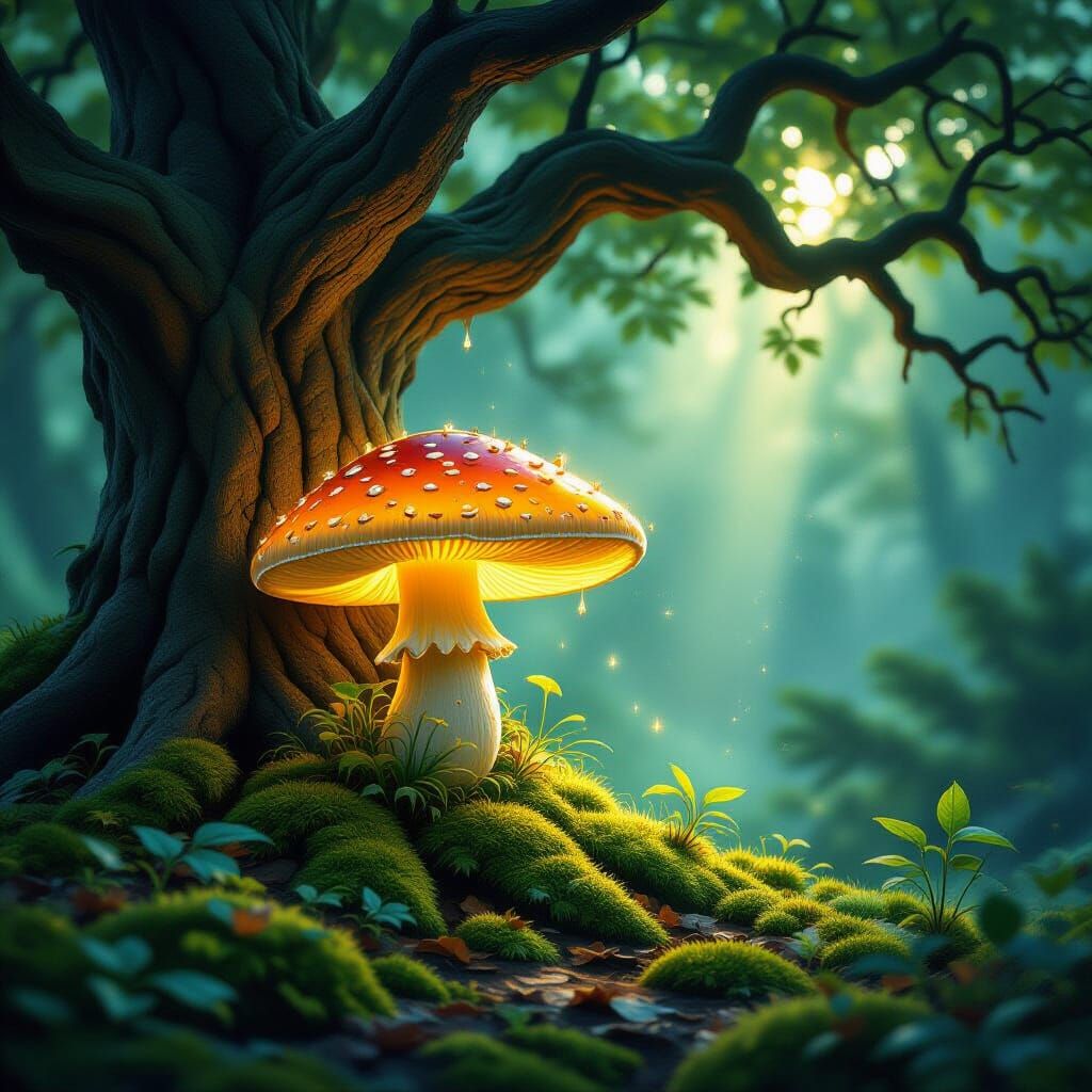 Bioluminescent Mushroom Under Ancient Oak Tree