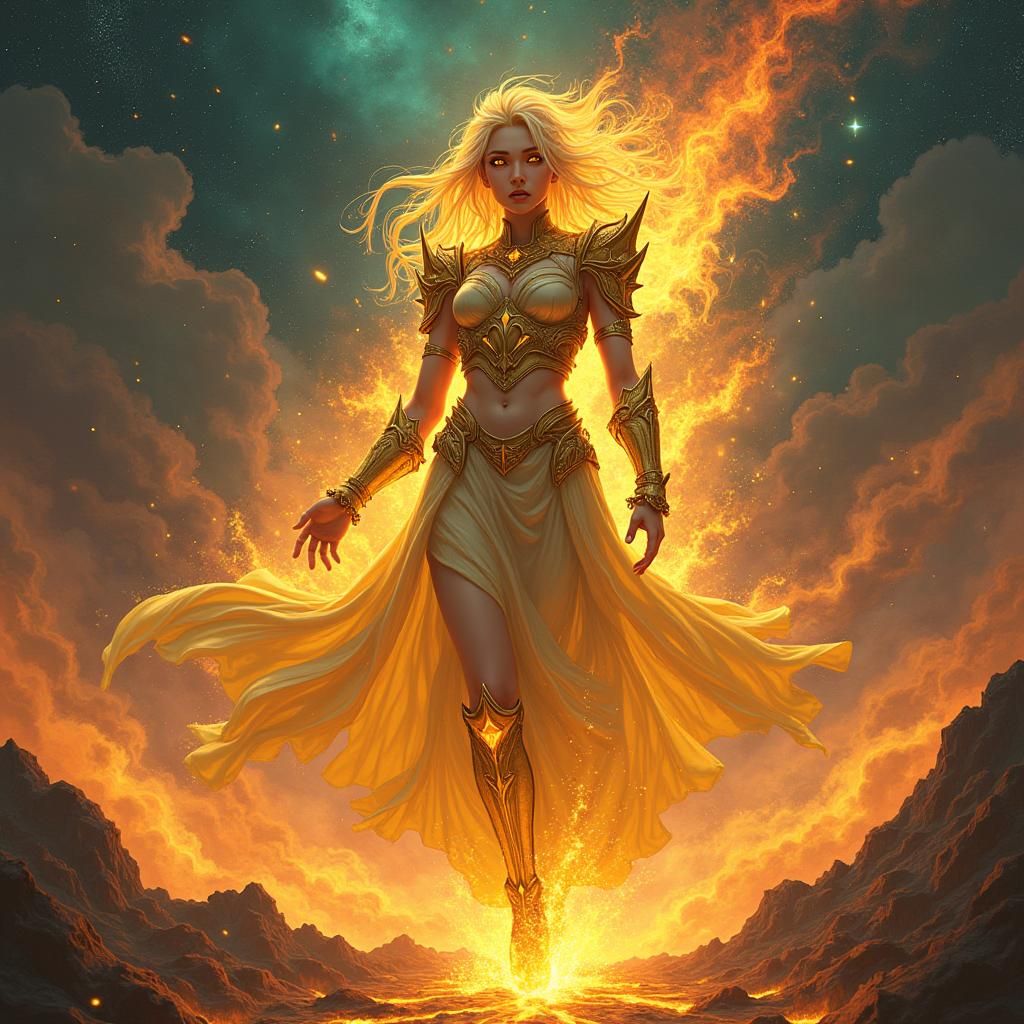 Statuesque Golden Goddess in Fiery Anime Style