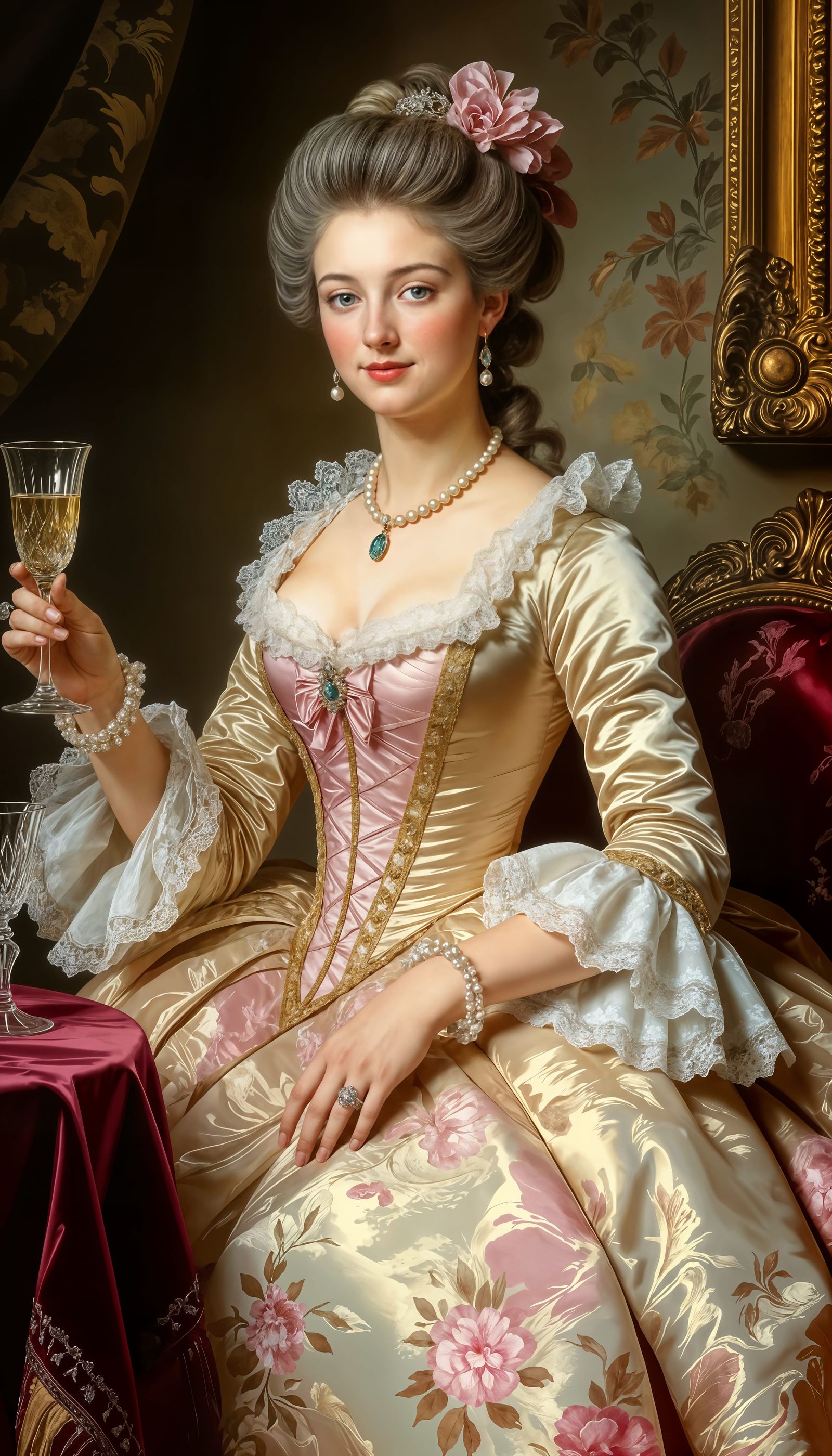Noblewoman Reaching for Champagne: Rococo Oil Painting