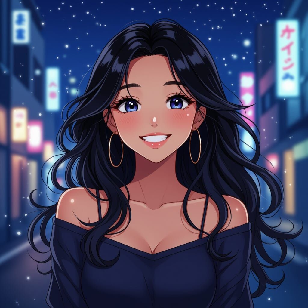 Anime Gyaru Woman Smiling in Japanese City Night