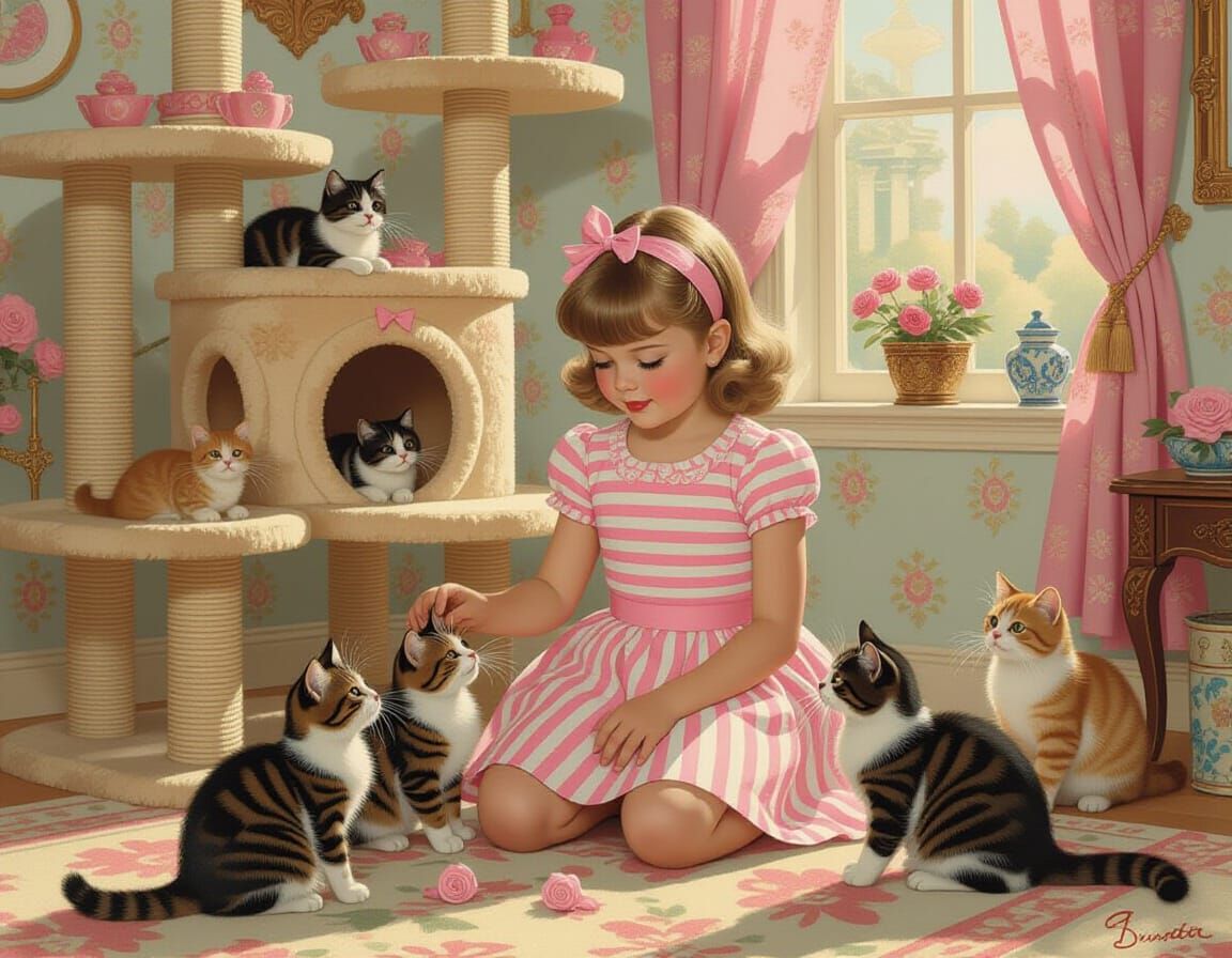 Girl with Cats in Ornate Room, Pin-Up Inspired Art