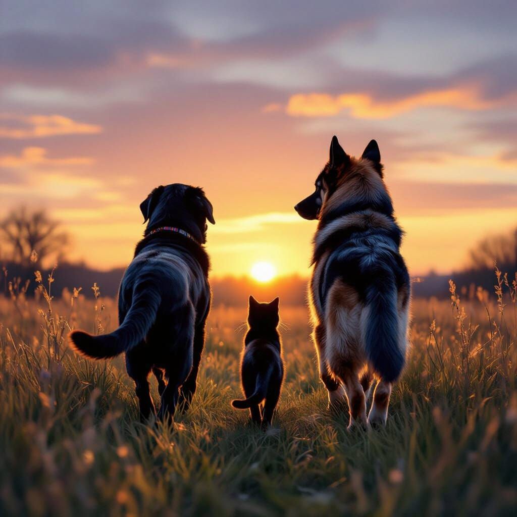 Dogs and Cat Walk into Sunset Glow