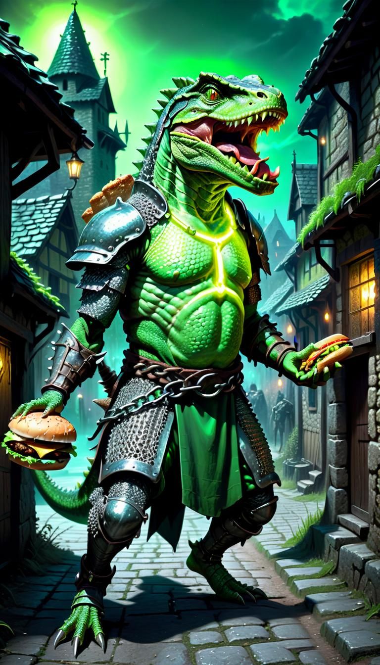 NEON GREEN GLOWING SKINNY TALL ARGONIAN CHARACTER IN CHAIN MAIL with a FLAIL and a hamburger, running through a medieval...
