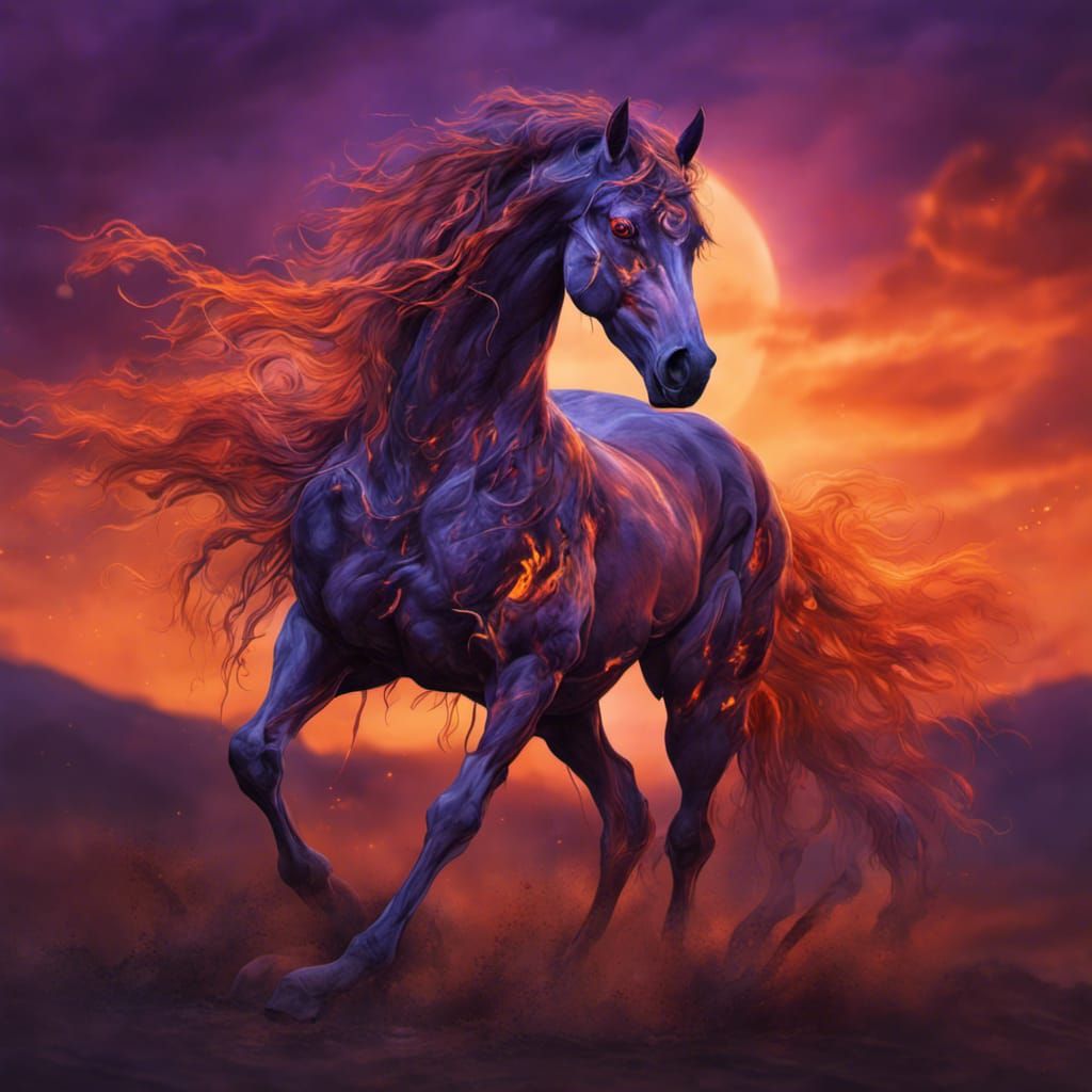 Fiery Skeletal Horse Amidst Ominous Sunset