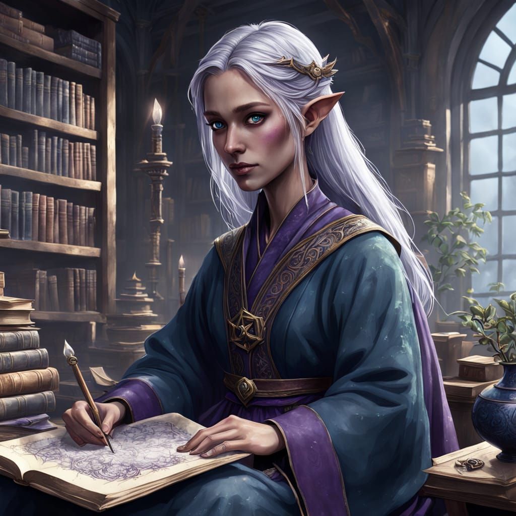 Elegant Half-Elf Wizard in Mystical Study