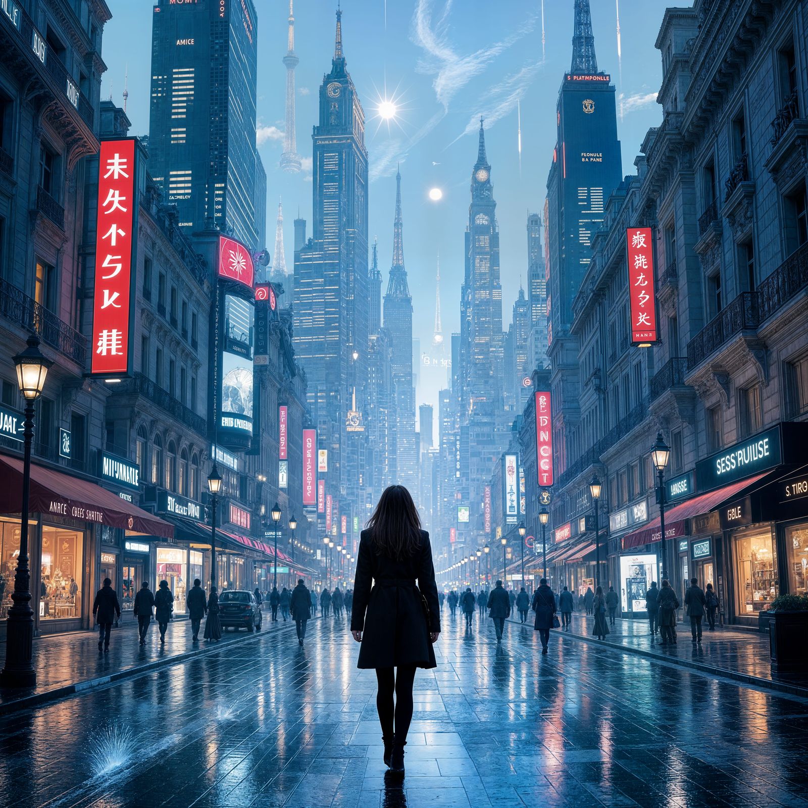 Futuristic Paris Scene in Cyberpunk Style