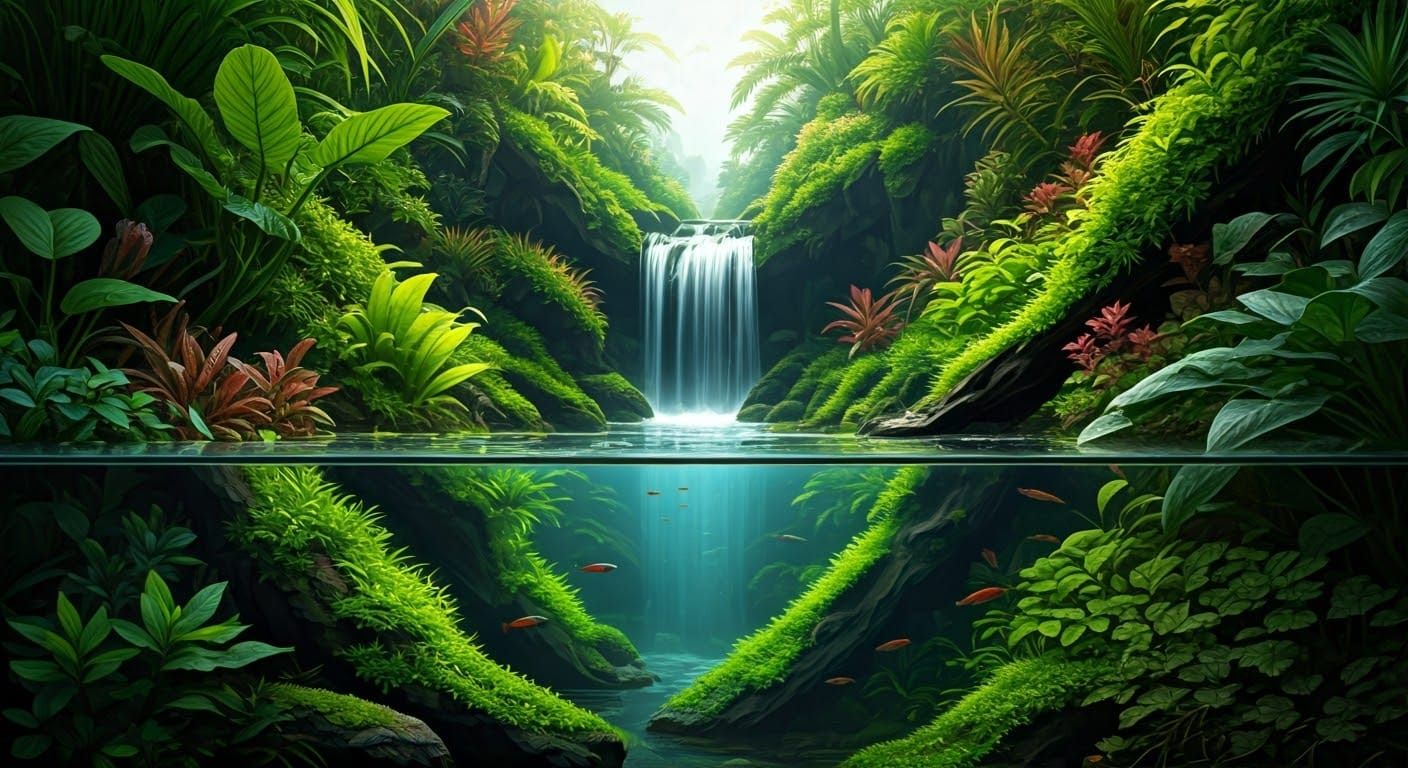 Vibrant Tropical Paludarium with Lush Plants and Waterfall