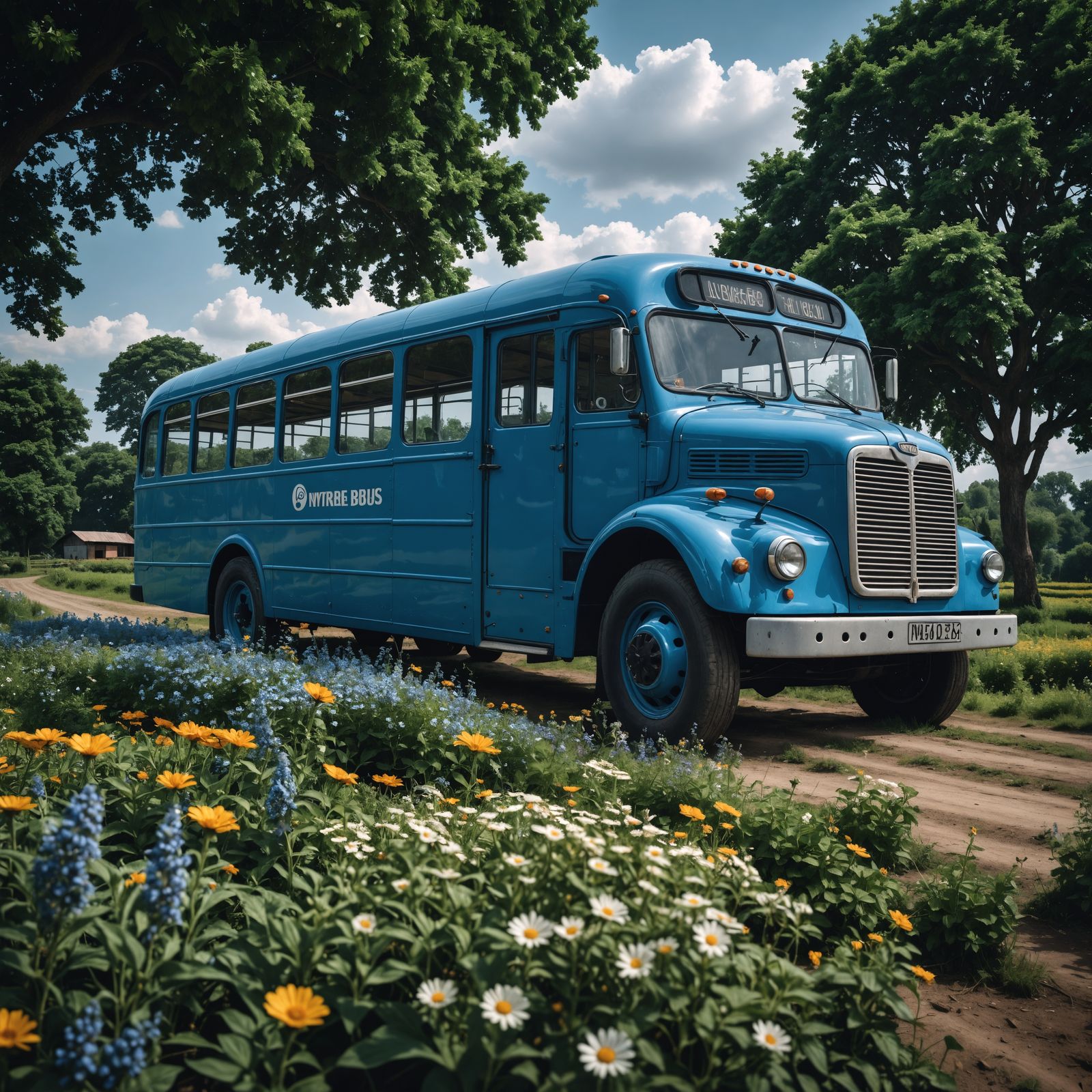 Blue Bus on a Farm: Hyperrealistic HDR Image
