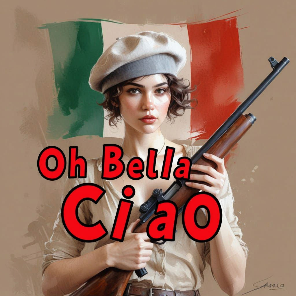 Woman in Beret with Rifle and Italian Flag