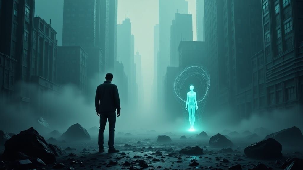 Lonely Man and AI Girlfriend in Surreal Cityscape