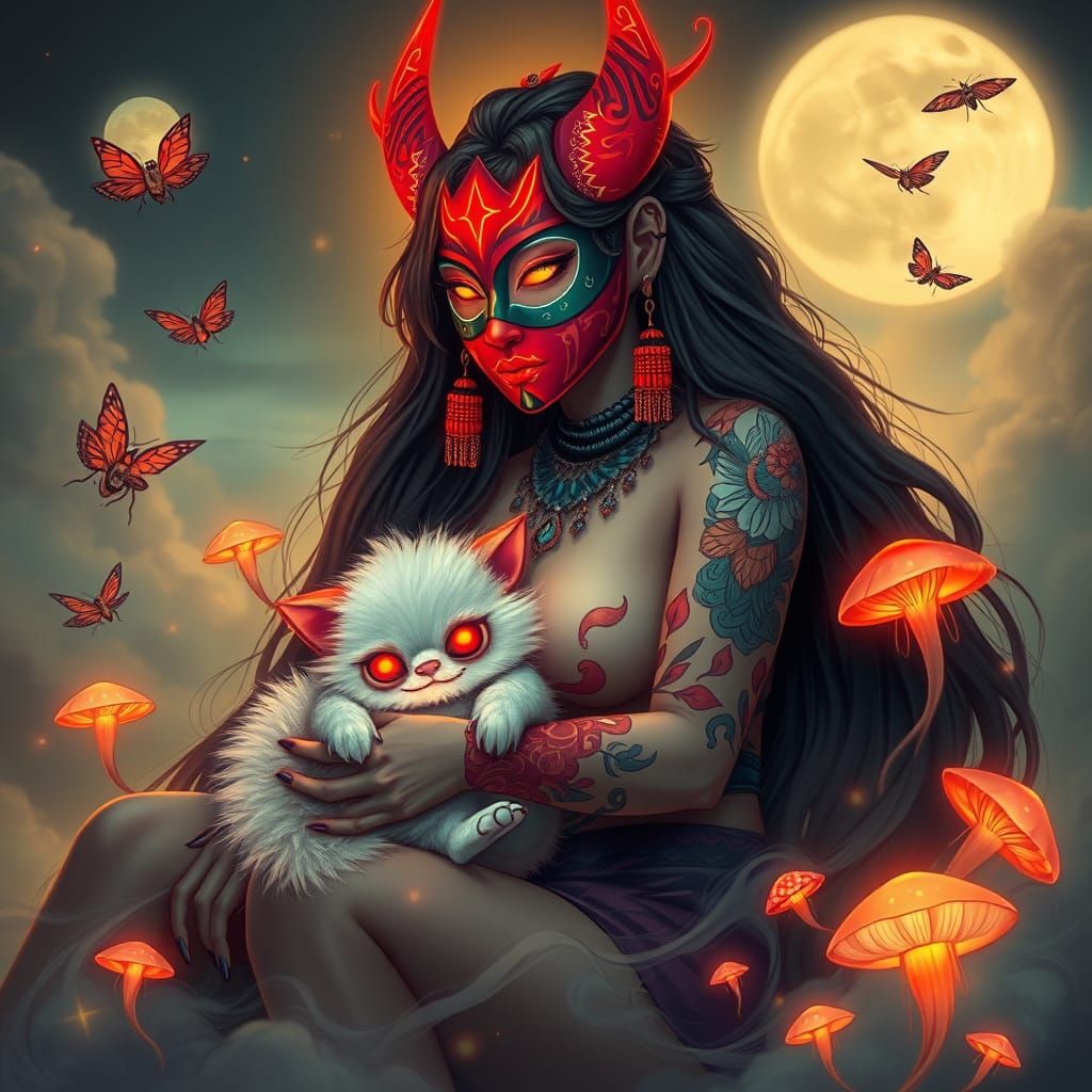 Dream Goddess with Pixiu Pet in Ethereal Landscape