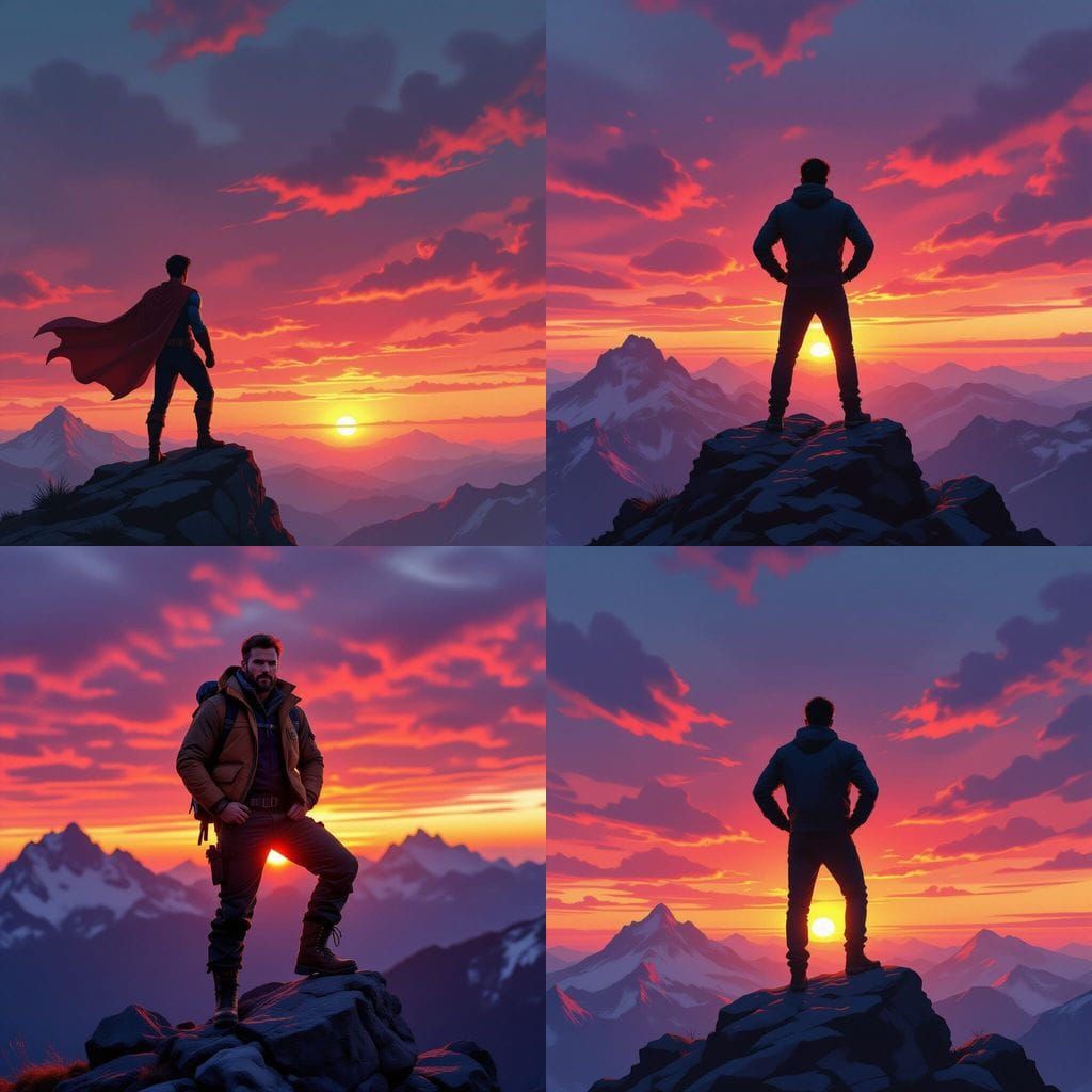 Victorious Silhouette on Mountain Peak at Sunset