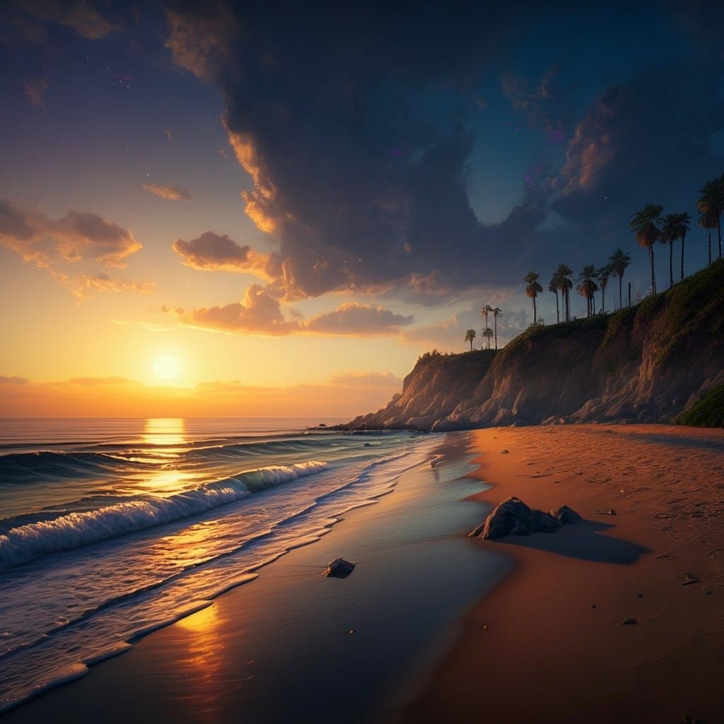 Sunset Beach in Impressionist Oil Painting Style