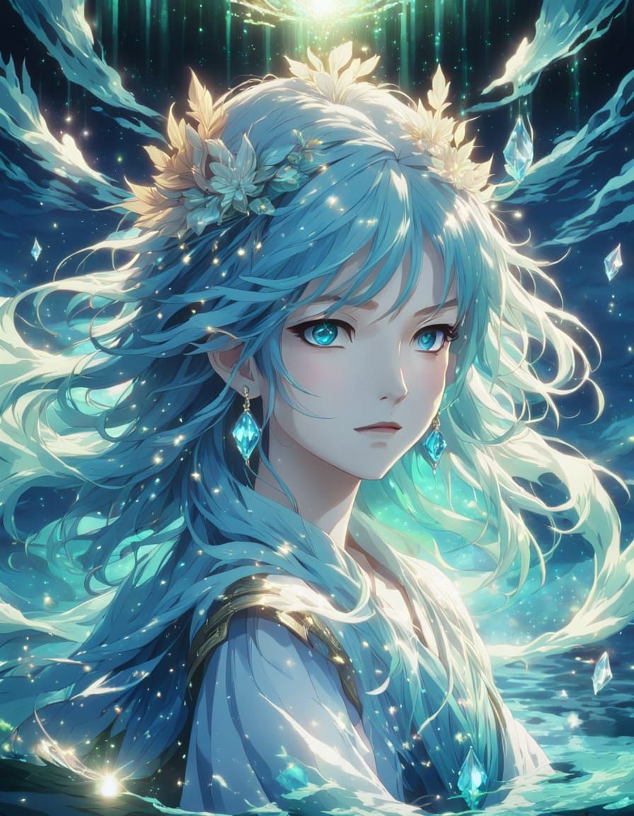 Anime Water Spirit Emerges from Pond in Cel-Shading