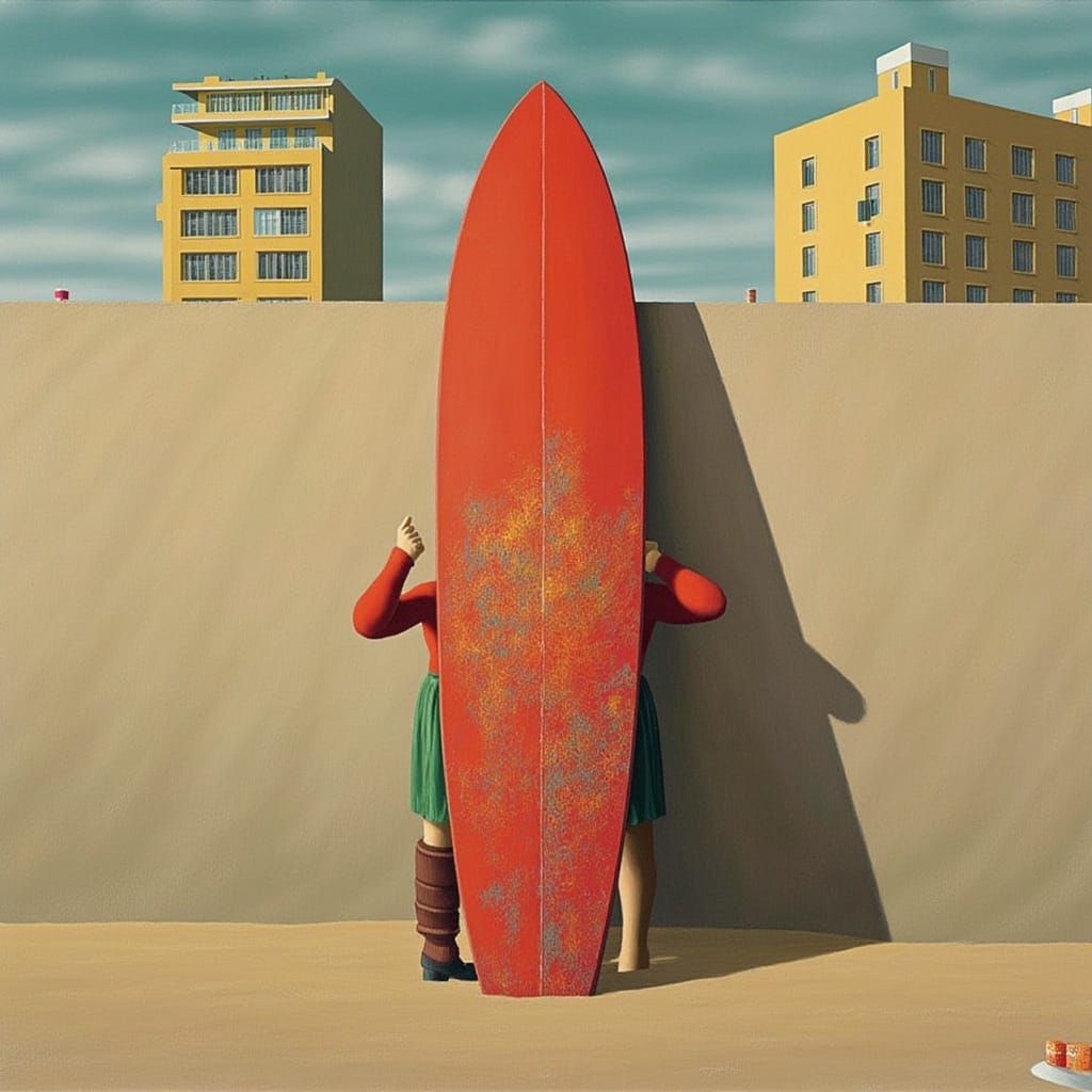 Surreal Beach Scene with Surfer in Jeffrey Smart Style