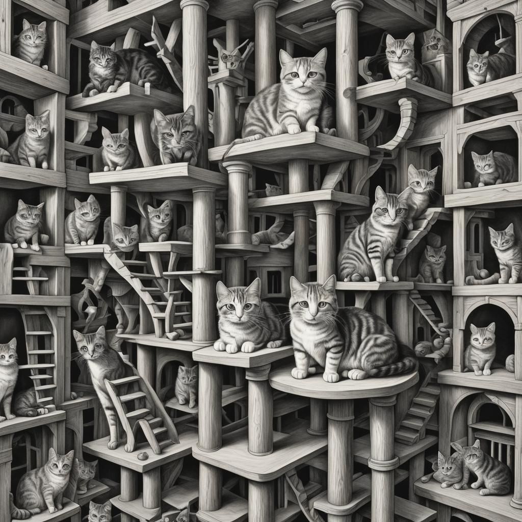MC Escher Style Cat Tree Charcoal Drawing