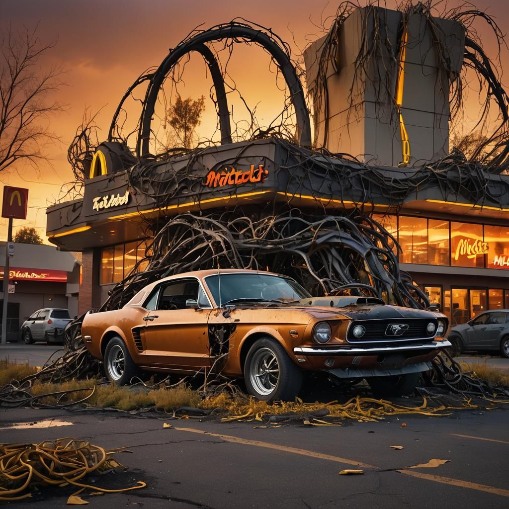 Ford Mustang Engulfed by McDonald's: Dark Surrealism