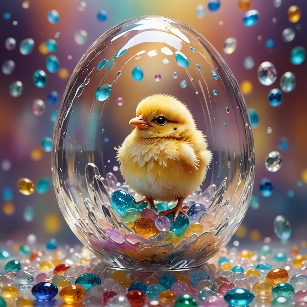Fluffy Chick in Crystal Egg: Hyperrealistic Digital Art