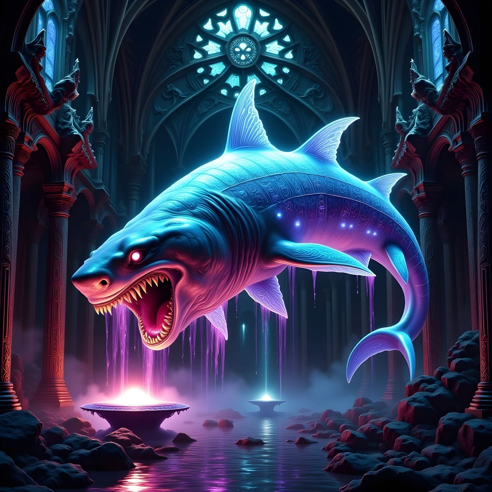 Shark Devours UFO in Glowing Gothic Cathedral
