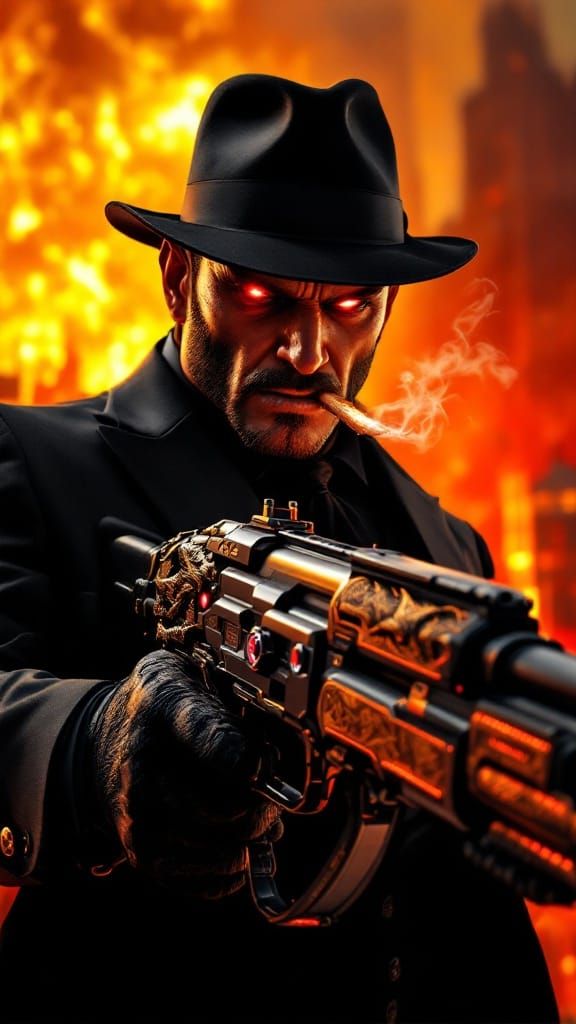 Surreal Mafia Boss Unleashes Dominance in Blazing Inferno