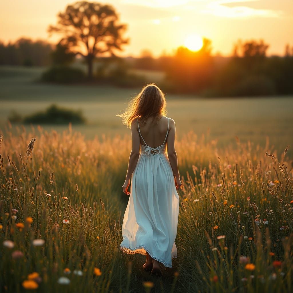 Woman Walks Through Meadow in Impressionist Style